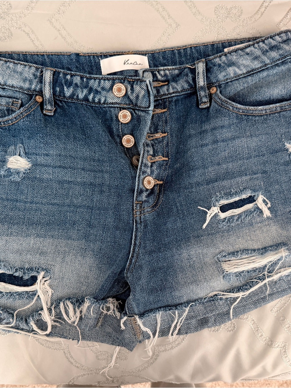 KanCan Light Blue Distressed Button-Fly Denim Shorts